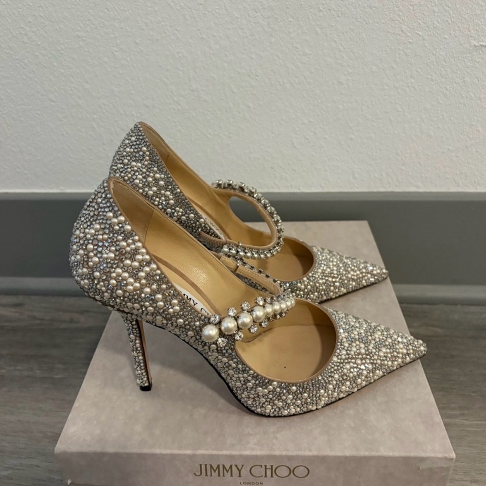 Jimmy Choo Baily 100 Pearl Embellished Heels - Silver and Cream